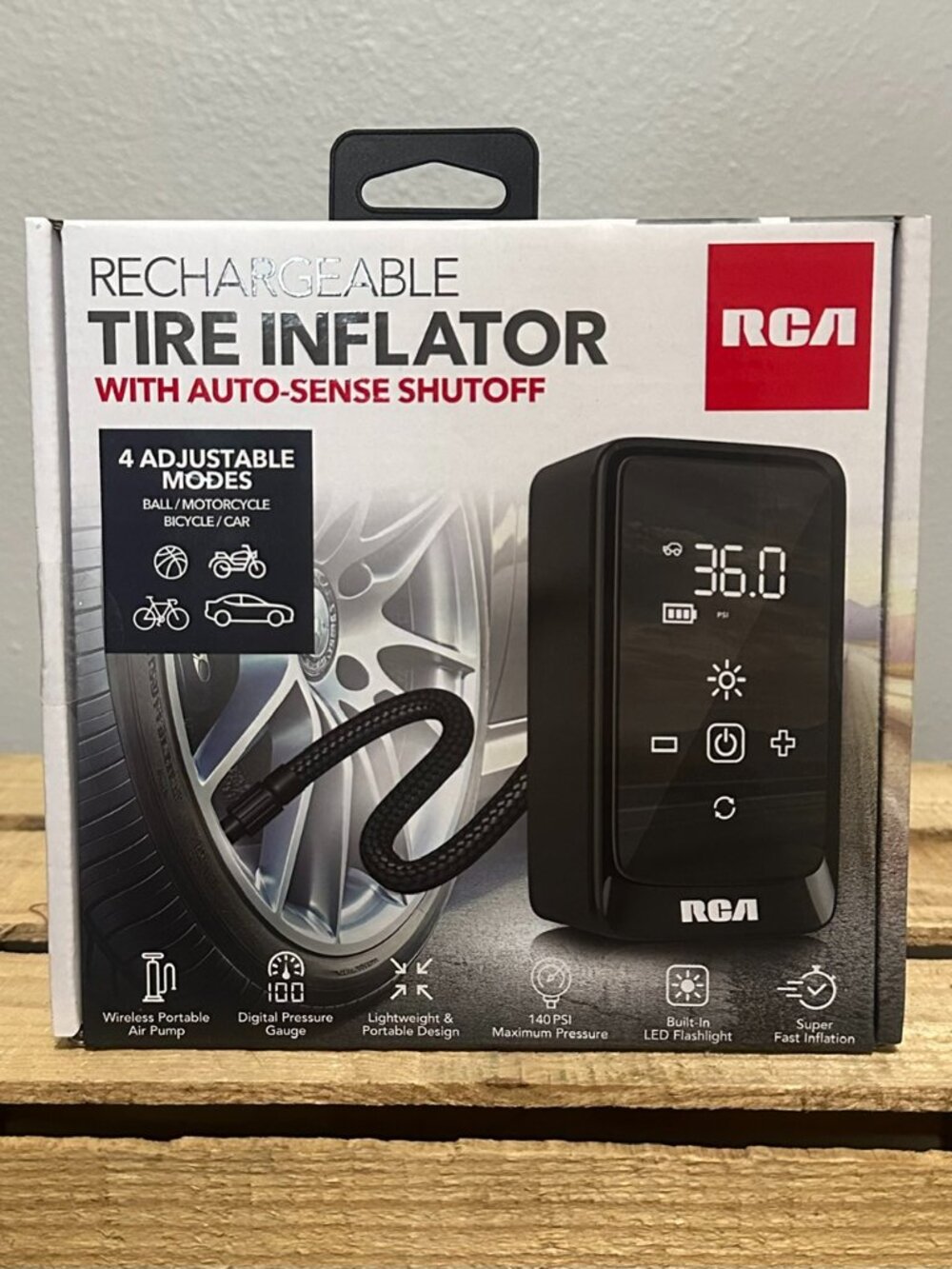 RCA Rechargeable Tire Inflator + Portable Power Bank + LED Flashlight, NWT
